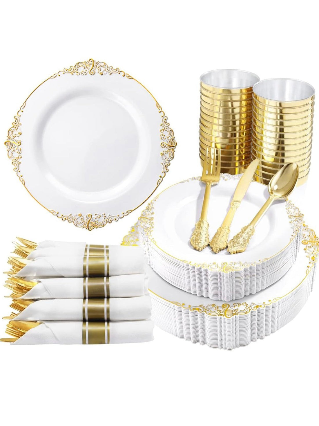 Nervure 350PCS Gold Plastic Plates - Disposable Dinnerware Plates and Pre Rolled Napkins with Plastic Cutlery for 50 Guests, 100Plates, 150Silverware, 50Cups, 50Napkins for Wedding&Party Heavyweight