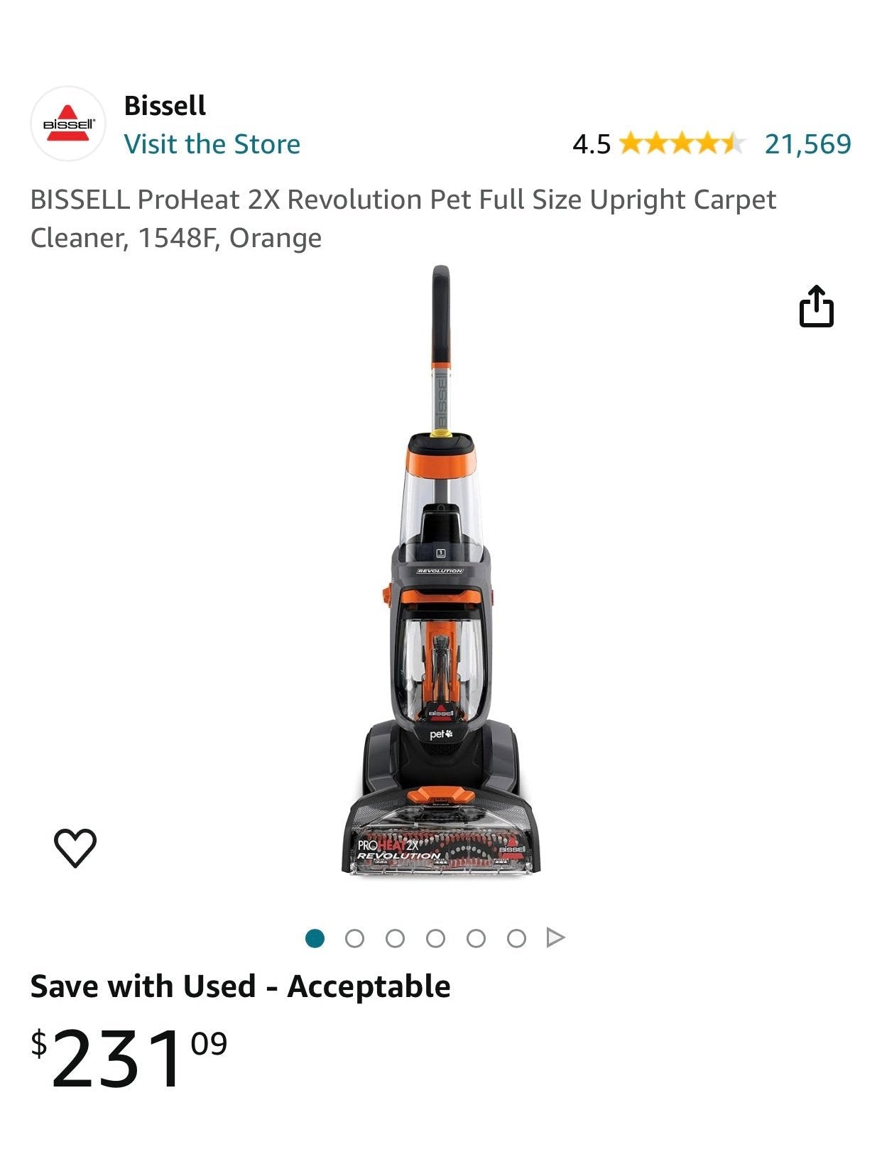 BISSELL ProHeat 2X Revolution Pet Full Size Upright Carpet Cleaner, 1548F, Orange