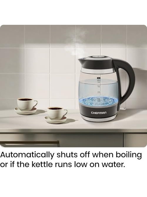 Chefman Electric Kettle, 1.8L 1500W, Hot Water Boiler, Removable Lid for Easy Cleaning, Auto Shut Off, Boil-Dry Protection, Stainless Steel Filter, BPA Free, Borosilicate Glass Electric Tea Kettle ANM Liquidation