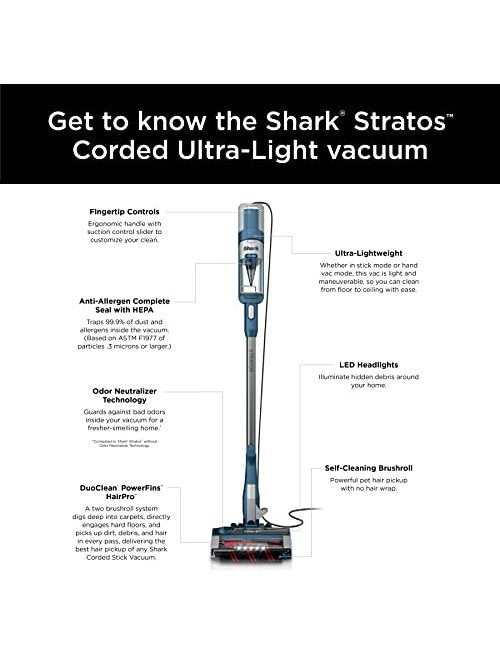 Shark HZ3002 Stratos Ultralight Corded Stick Vacuum with DuoClean PowerFins HairPro, Self-Cleaning Brushroll, & Odor Neutralizer Technology, Navy