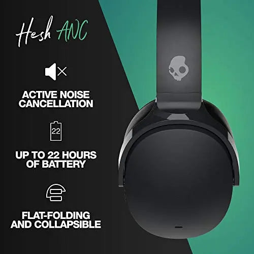 Skullcandy Hesh ANC Over-Ear Noise Cancelling Wireless Headphones with Charging Cable, 22 Hr Battery, Microphone, Works with iPhone Android and Bluetooth Devices - True Black - ANM Liquidation