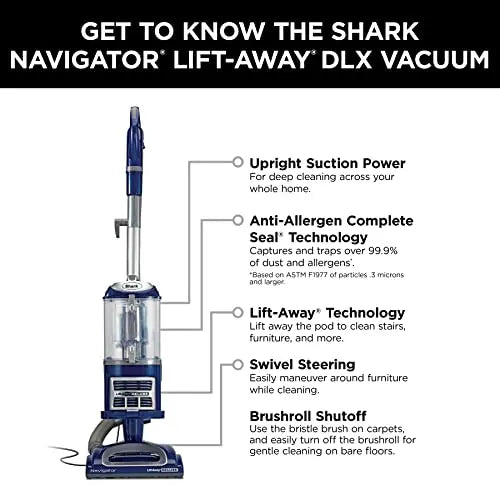 Shark NV360 Navigator Lift-Away Deluxe Upright Vacuum with Large Dust Cup Capacity, HEPA Filter, Swivel Steering, Upholstery Tool & Crevice Tool, Blue - ANM Liquidation