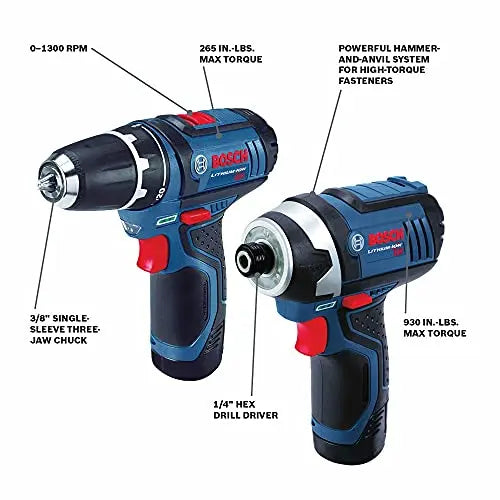 BOSCH CLPK22-120 12V Max Cordless 2-Tool 3/8 in. Drill/Driver and 1/4 in. Impact Driver Combo Kit with 2 Batteries, Charger and Case,Blue - ANM Liquidation