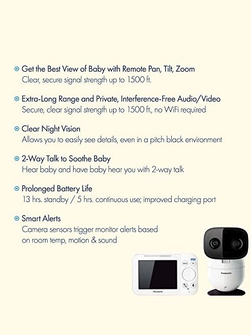 Panasonic Baby Monitor with Camera and Audio, 3.5” Color Video, Extra Long Range, Secure Connection, 2-Way Talk, Soothing Sounds, Remote Pan, Tilt, Zoom - 1 Camera - KX-HN4101W White