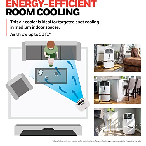 Honeywell Indoor Portable Evaporative Air Cooler for Living Room, Basement, Office, Play Area, 115V, Rooms Up to 320 Sq. Ft., 525 CFM, with Ice Compartment, Remote, Fan, and Humidifier, White ANM Liquidation