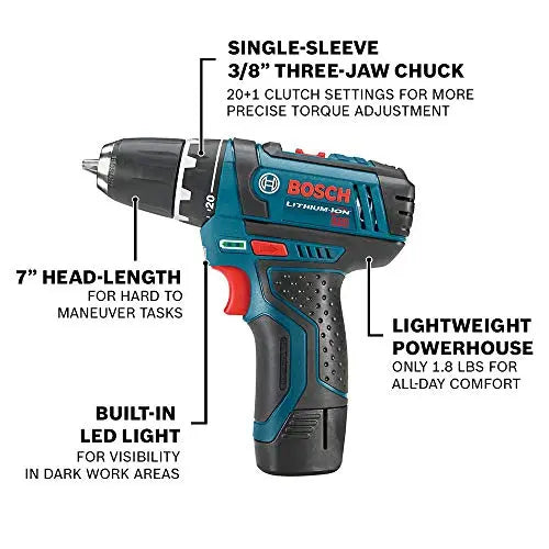 BOSCH CLPK22-120 12V Max Cordless 2-Tool 3/8 in. Drill/Driver and 1/4 in. Impact Driver Combo Kit with 2 Batteries, Charger and Case,Blue - ANM Liquidation