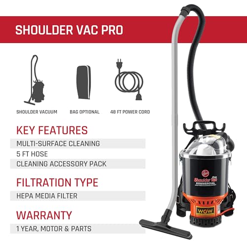 Hoover Commercial Shoulder Vac Pro Backpack Bagged Vacuum Cleaner, with HEPA Media Filter, Lightweight with Extra Long Cord, Chiropractic Design, for Carpet and Hard Floors, C2401, Black - ANM Liquidation