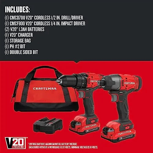 CRAFTSMAN V20 MAX Cordless Drill and Impact Driver, Power Tool Combo Kit with 2 Batteries and Charger (CMCK200C2AM) - ANM Liquidation