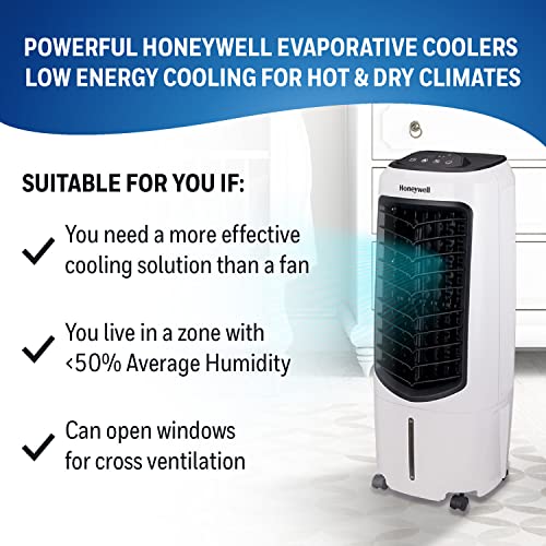 Honeywell 2.6 Gallon Indoor Portable Evaporative Air Cooler for Garage, Basement, Attic, 115V, for up to 120 Sq. Ft. with Remote, Quiet, Low Energy, Compact, White ANM Liquidation