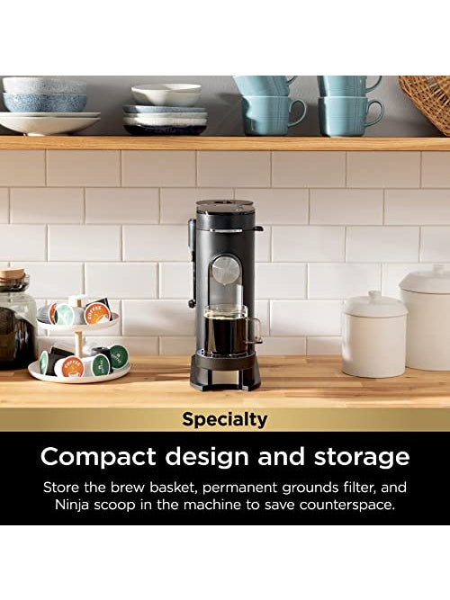 Ninja Pod & Grounds Specialty Single-Serve Coffee Maker, K-Cup Pod Compatible, Brews Grounds, Compact Design, Built-In Milk Frother, 56-oz. Reservoir, 6-oz. Cup to 24-oz. Mug Sizes, Black, PB051 ANM Liquidation