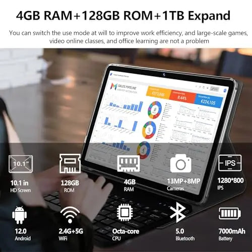 2024 Newest 2 in 1 Tablet 128GB Storage+1TB Expand 10 inch Tablets, 2.4G&5G WIFI Tablet PC, Android 12 Tablet with Keyboard, Octa Core HD Touchscreen 13MP Dual Camera GMS Tablet with Case Mouse (Gray) - ANM Liquidation