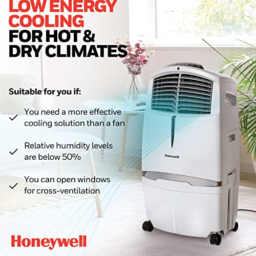 Honeywell Indoor Portable Evaporative Air Cooler for Living Room, Basement, Office, Play Area, 115V, Rooms Up to 320 Sq. Ft., 525 CFM, with Ice Compartment, Remote, Fan, and Humidifier, White ANM Liquidation