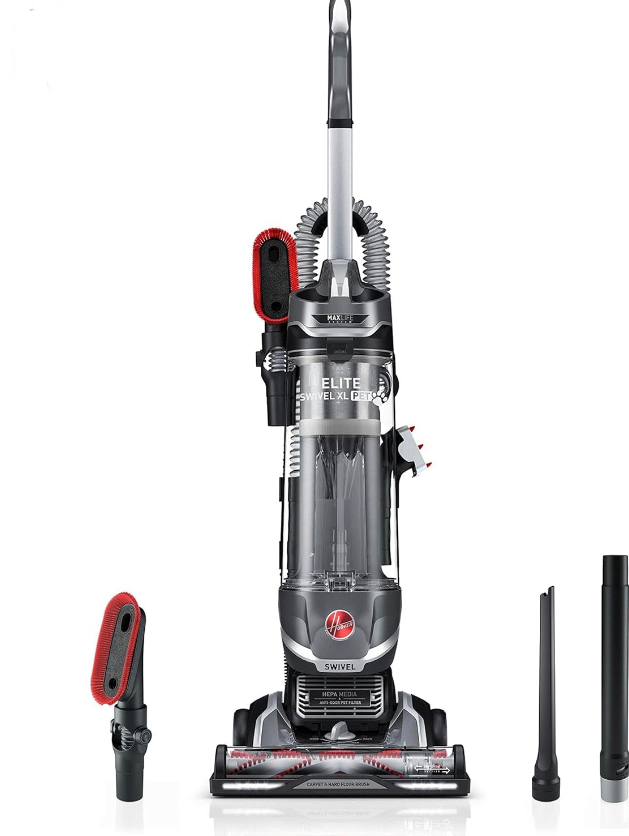 Hoover MAXLife Elite Swivel XL Pet Vacuum Cleaner with HEPA Media Filtration, Bagless Multi-Surface Upright for Carpets and Hard Floors, UH75250, Grey, 16 lbs
