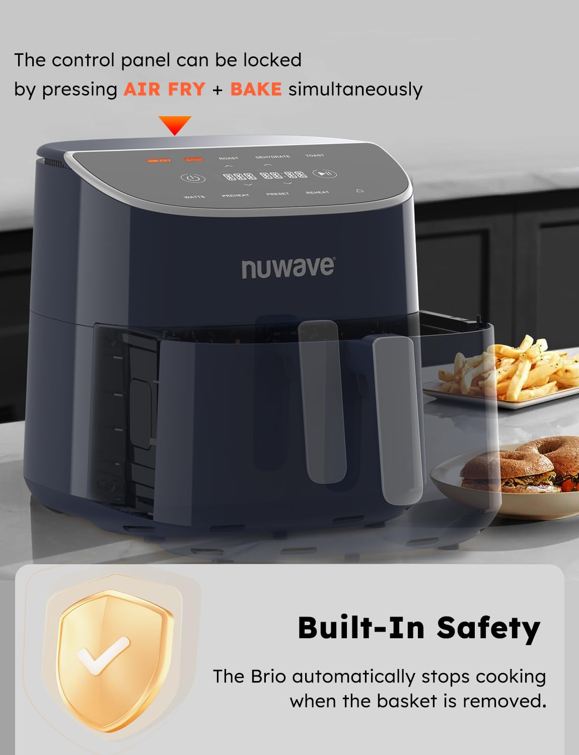 Nuwave Brio Plus 8 Qt Air Fryer, PFAS Free, New & Improved, Digital Touch Screen, Cool White Display, 50°F~400°F in Precise 5°, 5 Cook Functions, 100 Presets & 50 Memory, 3 Wattages 700, 1500, 1800 ANM Liquidation