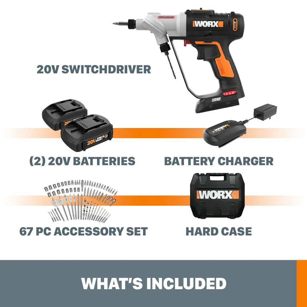 Worx WX176L.1 20V Power Share Switchdriver 2-in-1 Cordless Drill & Driver with 67pc Kit - ANM Liquidation