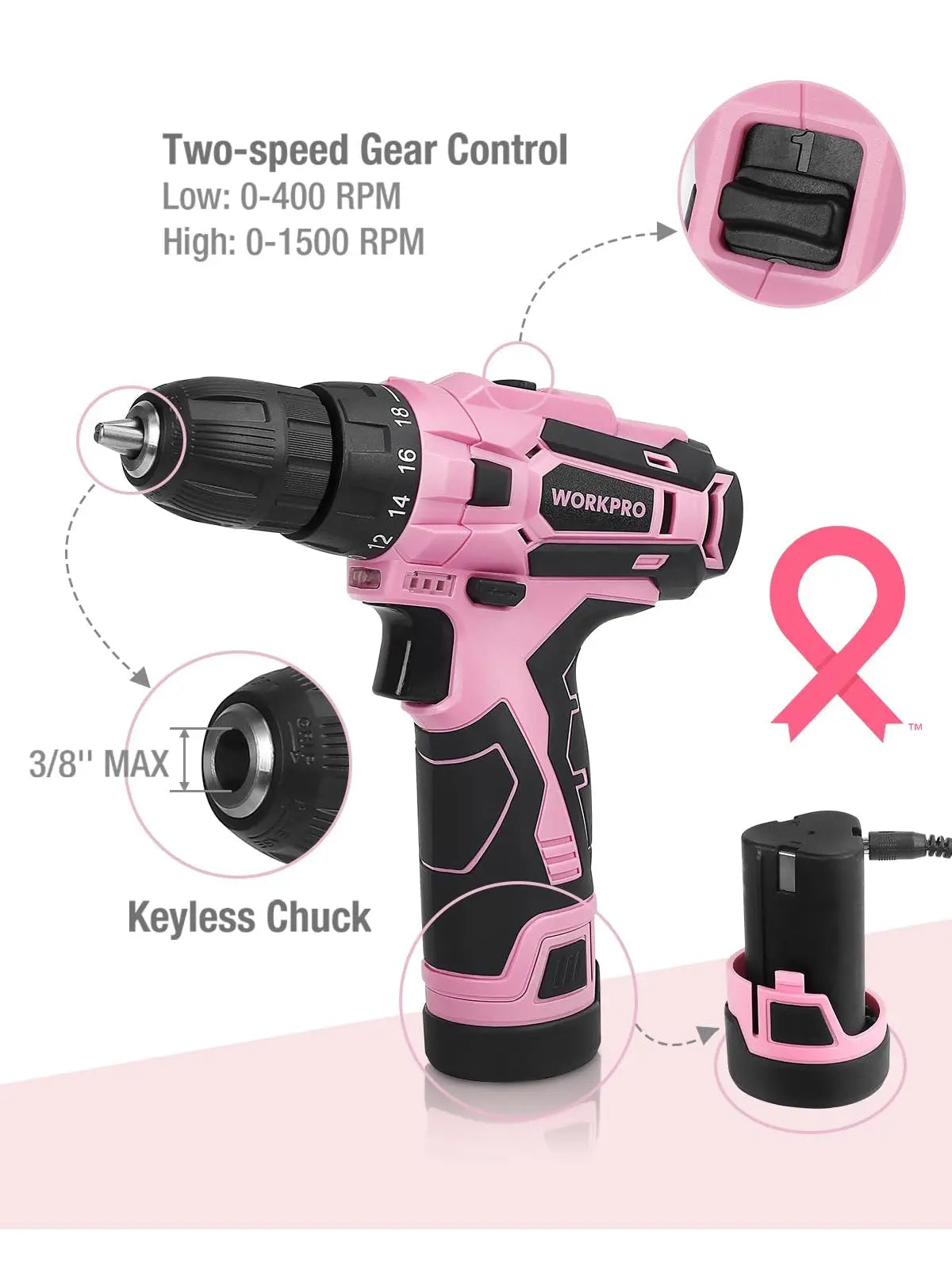 WORKPRO Pink Cordless Drill Driver Set, 12V Electric Screwdriver Driver Tool Kit, 3/8" Keyless Chuck, Charger and Storage Bag Included - Pink Ribbon - ANM Liquidation