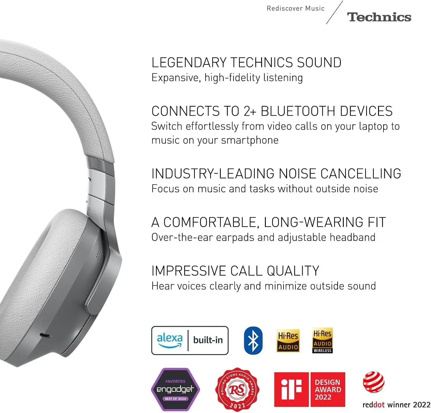 Technics Wireless Noise Cancelling Headphones, 50 Hours Battery Life, High-Fidelity Bluetooth Headphones with Multi-Point Connectivity, Impressive Call Quality, and Comfort Fit - EAH-A800-S Silver - ANM Liquidation