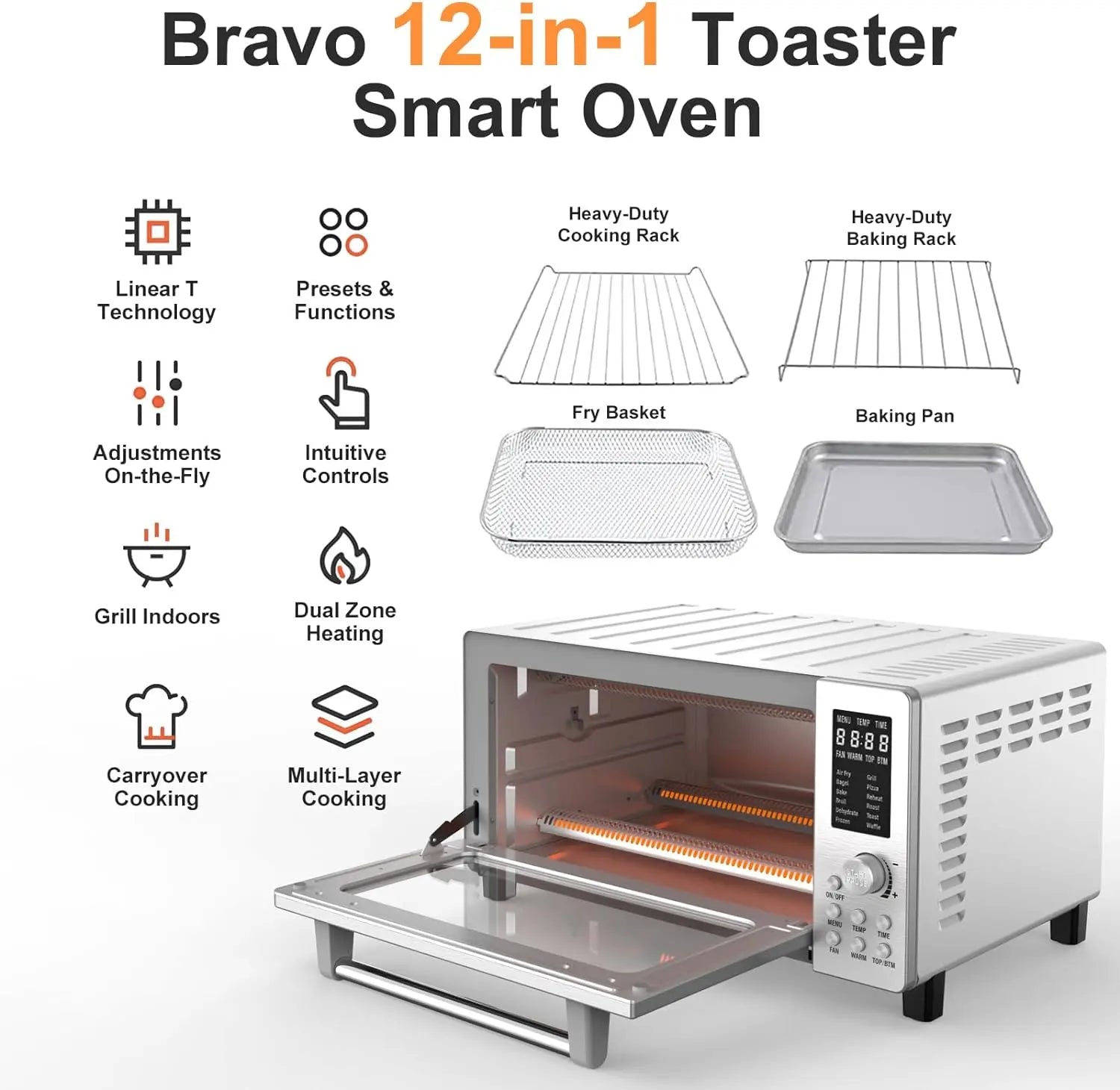 Nuwave Bravo 12-in-1 Air Fryer Toaster Oven Combo, Airfryer Convection Oven Countertop, 1800 Watts, 21-Qt Capacity, 50°-450°F Temp Controls, 65 Recipes & 4 Accessories, Silver- Stainless Steel - ANM Liquidation