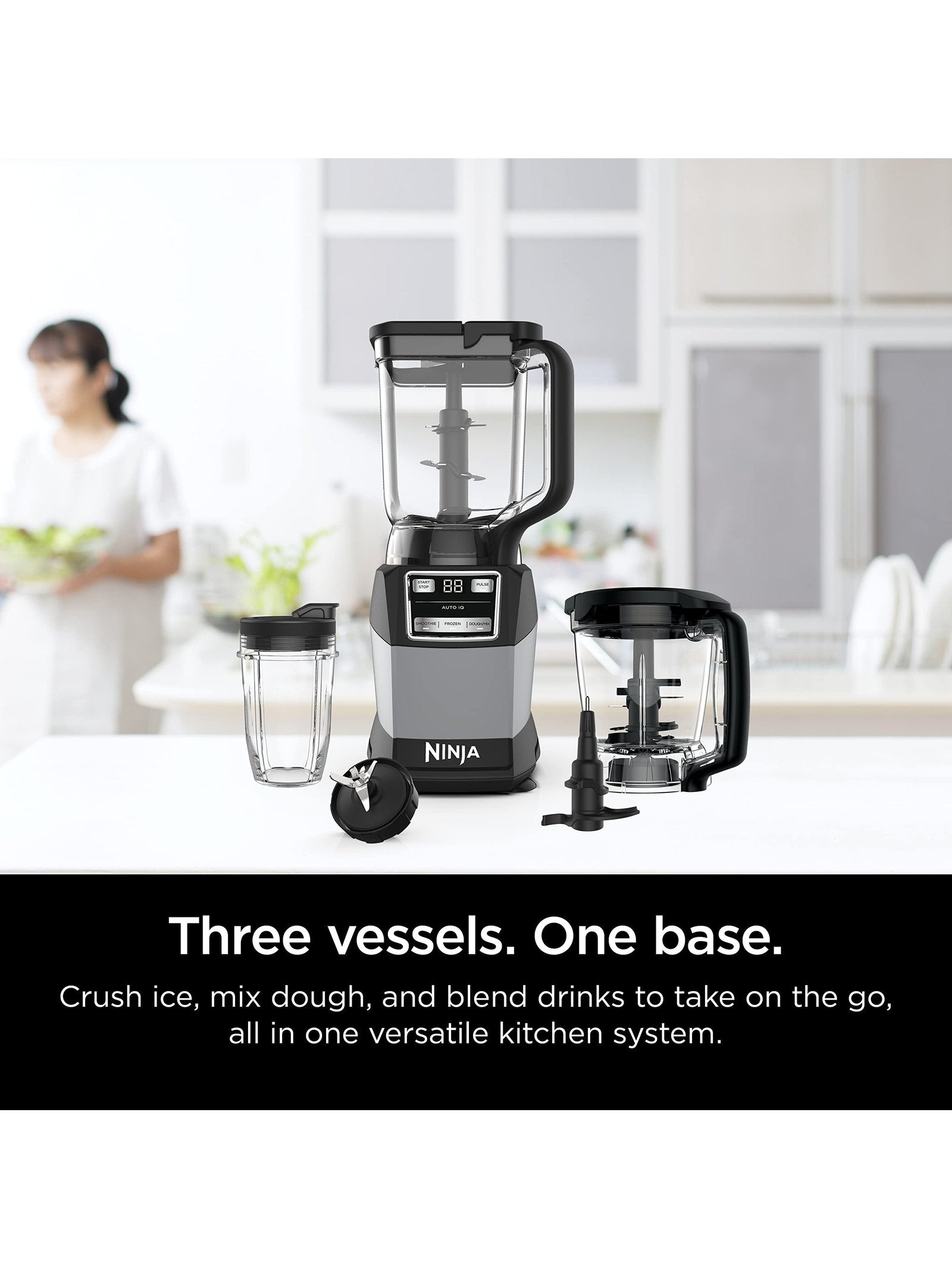 Ninja AMZ493BRN Compact Kitchen System, 1200W, 3 Functions for Smoothies, Dough & Frozen Drinks with Auto-IQ, 72-oz.* Blender Pitcher, 40-oz. Processor Bowl & 18-oz. Single-Serve Cup, Grey