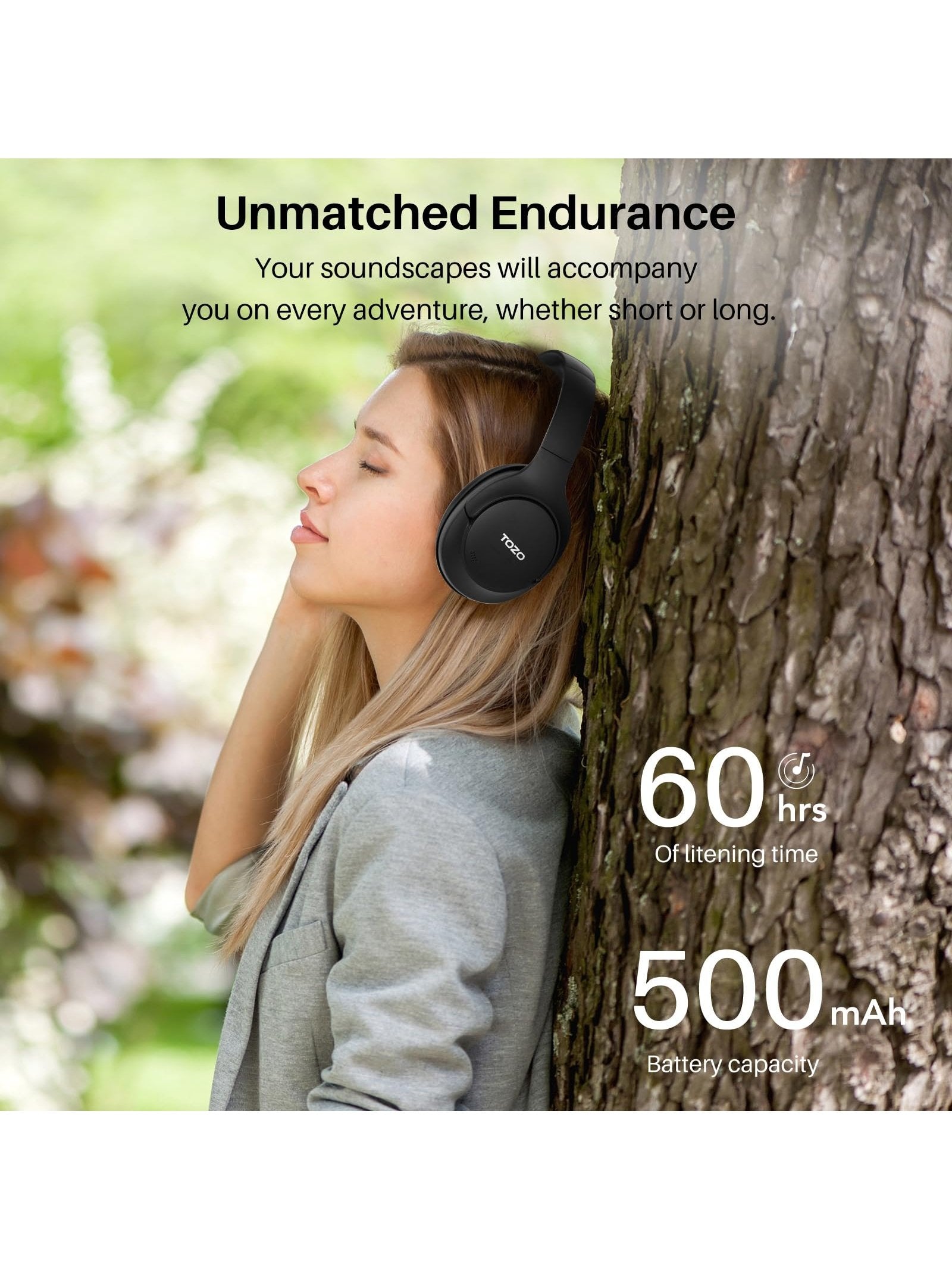 TOZO HT2 Hybrid Active Noise Cancelling Headphones, Wireless Over Ear Bluetooth Headphones, 60H Playtime, Hi-Res Audio Custom EQ via App Deep Bass Comfort Fit Ear Cups, for Home Office Travel White