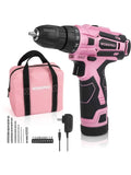 WORKPRO Pink Cordless Drill Driver Set, 12V Electric Screwdriver Driver Tool Kit, 3/8