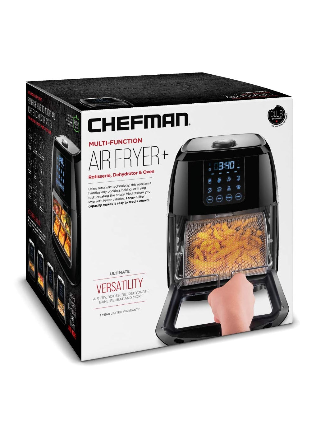 CHEFMAN Multifunctional Digital Air Fryer+ Rotisserie, Dehydrator, Convection Oven, 17 Touch Screen Presets Fry, Roast, Dehydrate, Bake, XL 10L Family Size, Auto Shutoff, Large Easy-View Window, Black ANM Liquidation