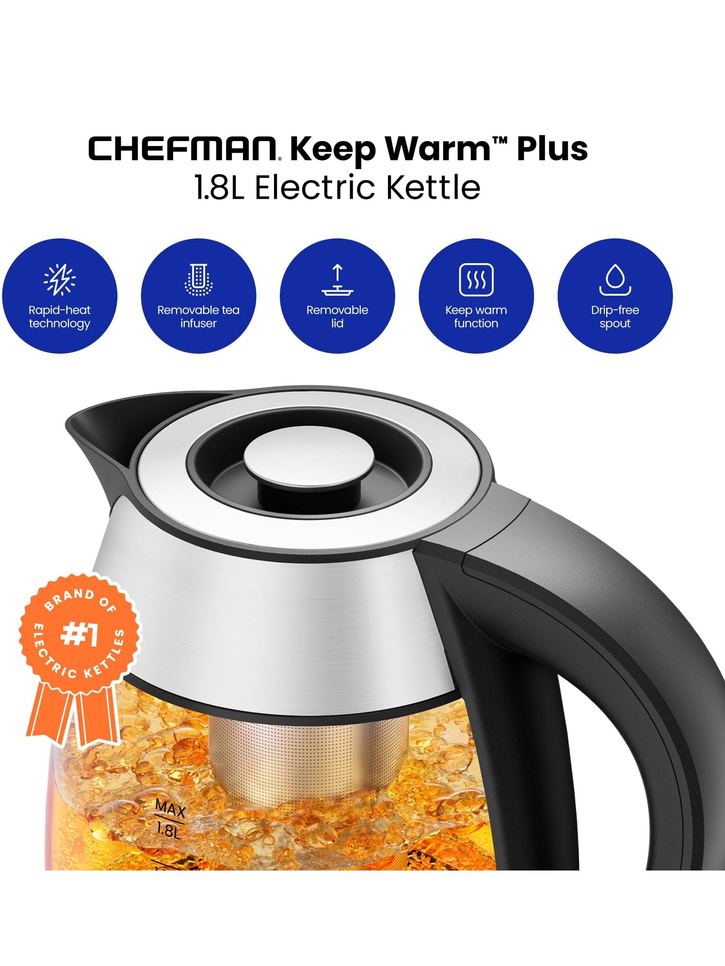 Chefman Electric Kettle, 1.8L 1500W, Hot Water Boiler, Removable Lid for Easy Cleaning, Auto Shut Off, Boil-Dry Protection, Stainless Steel Filter, BPA Free, Borosilicate Glass Electric Tea Kettle ANM Liquidation