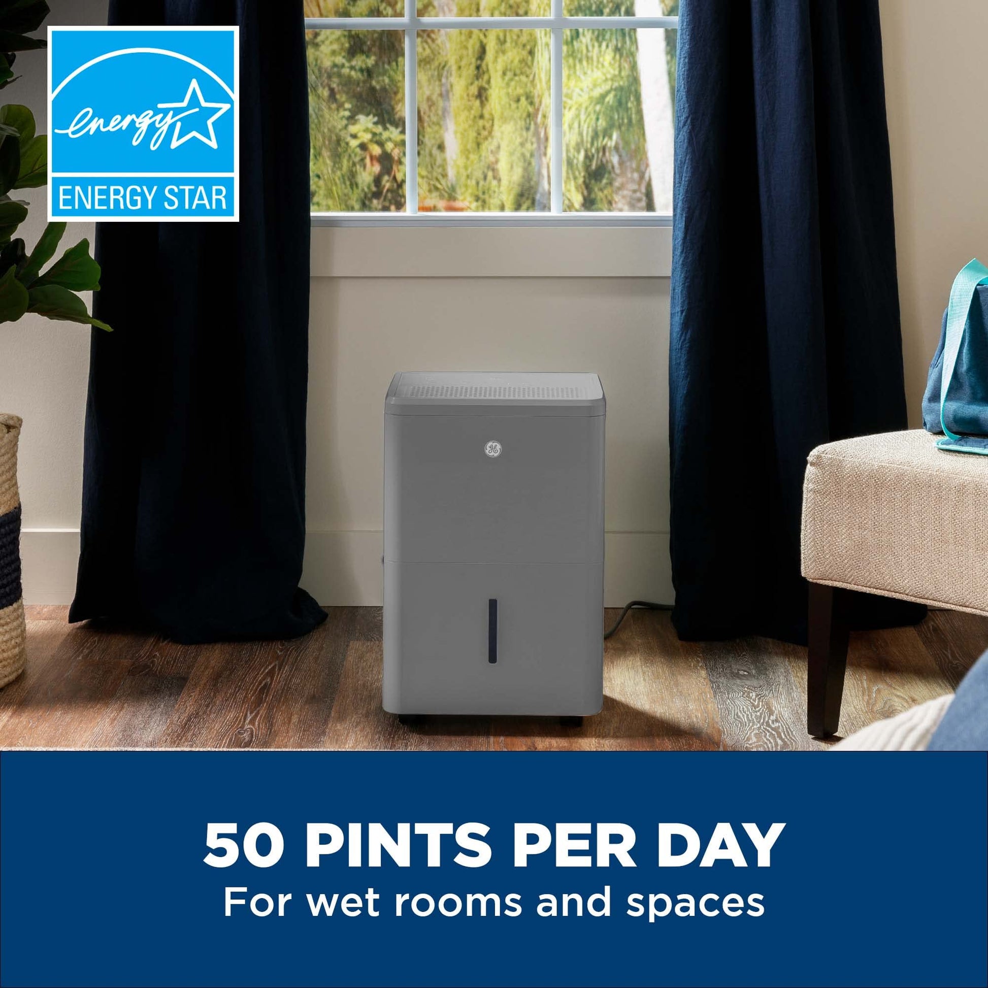 GE Energy Star Portable Dehumidifier for Basement, Bedroom, Bathroom, Garage or Large Rooms up to 4500 Sq Ft, 50 Pint with Removable Bucket and Continuous Drain Connect for Auto or Manual Drainage ANM Liquidation