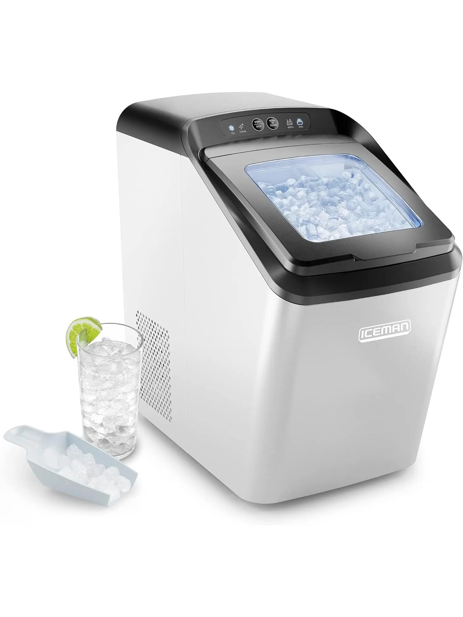 Iceman Countertop Nugget Ice Maker – Pebble Ice Machine, Soft Chewable Pellets in 20 Min, 26Lbs/24H, 3lb. Capacity, Waterline-Compatible, Self-Cleaning, Stainless-Steel + Scoop - ANM Liquidation