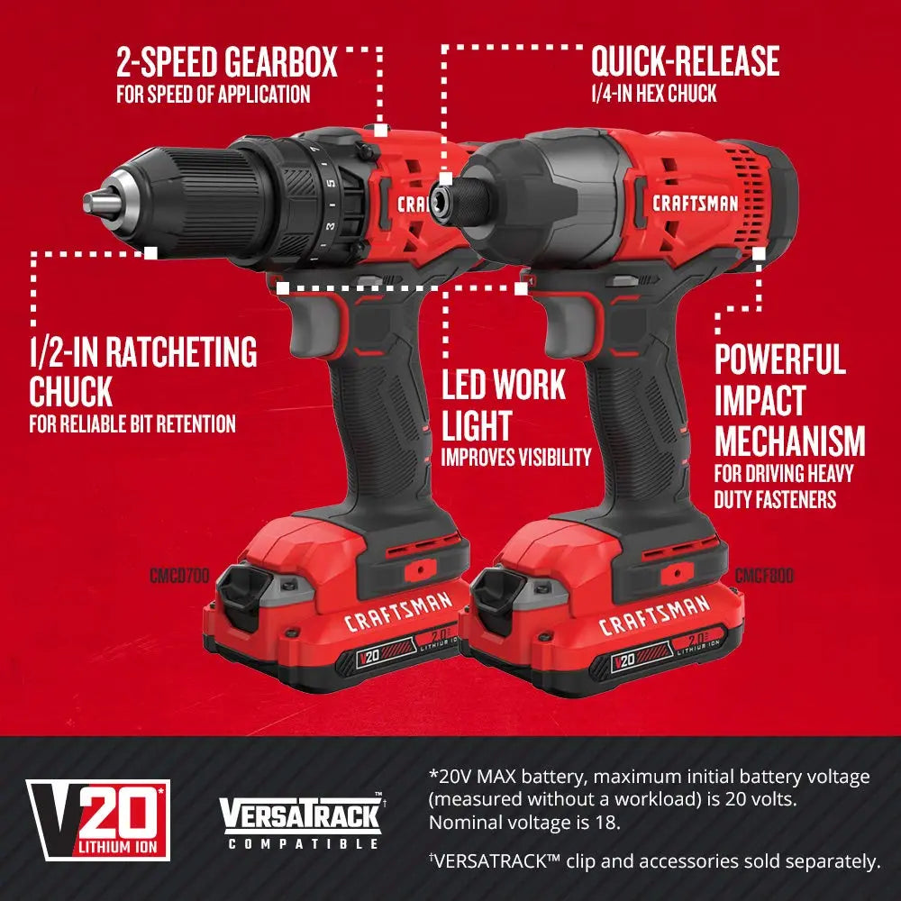 CRAFTSMAN V20 MAX Cordless Drill and Impact Driver, Power Tool Combo Kit with 2 Batteries and Charger (CMCK200C2AM) - ANM Liquidation