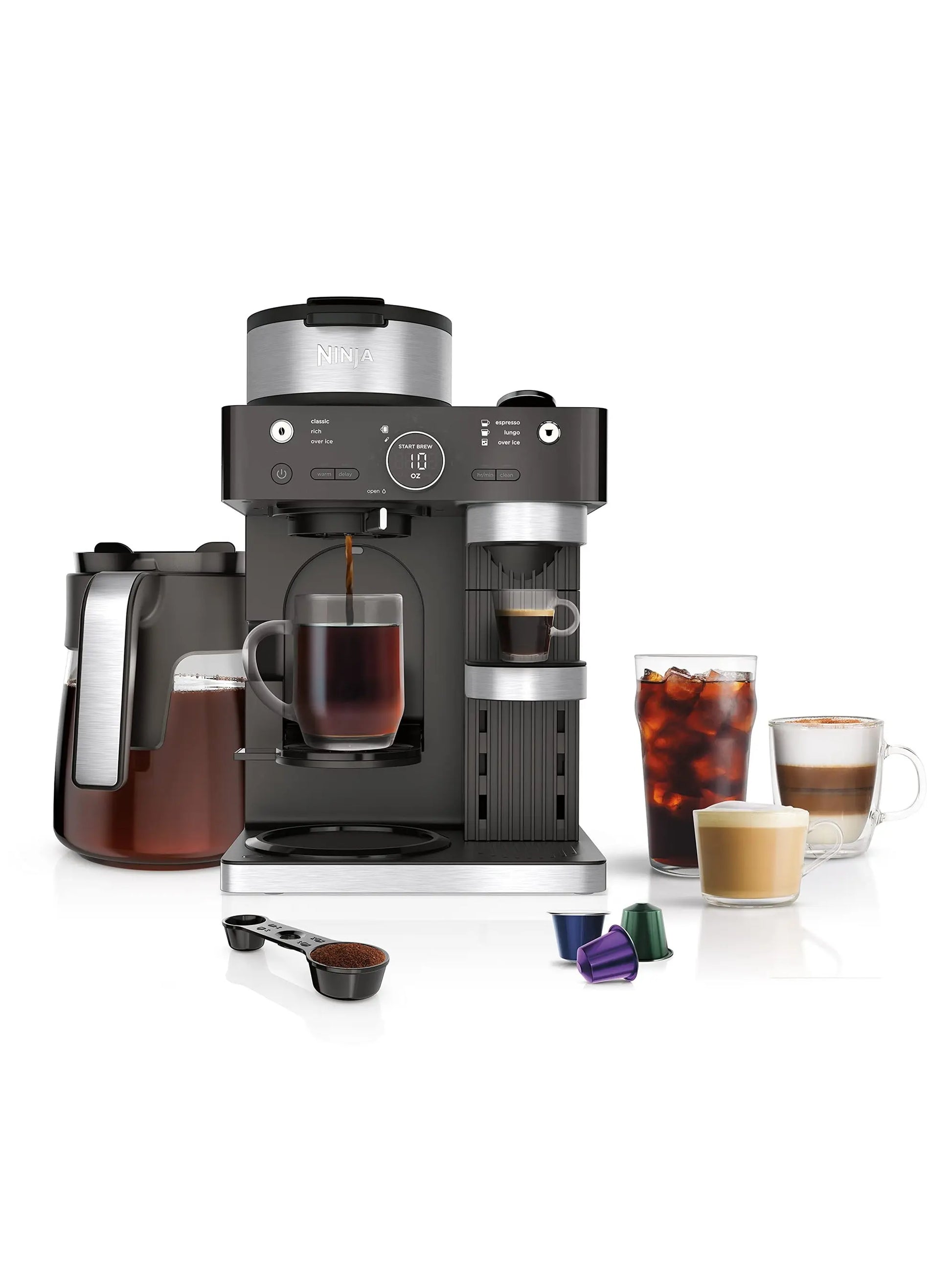 Ninja CFN601 Espresso & Coffee Barista System, 3 Espresso Brew Styles, Single-Serve Coffee & Nespresso Capsule Compatible, 12-Cup Carafe, Built-in Frother, Espresso, Cappuccino & Latte Maker - Black - ANM Liquidation