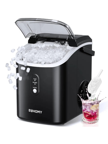 EUHOMY Nugget Ice Maker Countertop with Handle, Ready in 6 Mins, 34lbs/24H, Removable Top Cover, Auto-Cleaning, Portable Sonic Ice Maker with Basket and Scoop, for Home/Party/RV/Camping. (Black) - ANM Liquidation