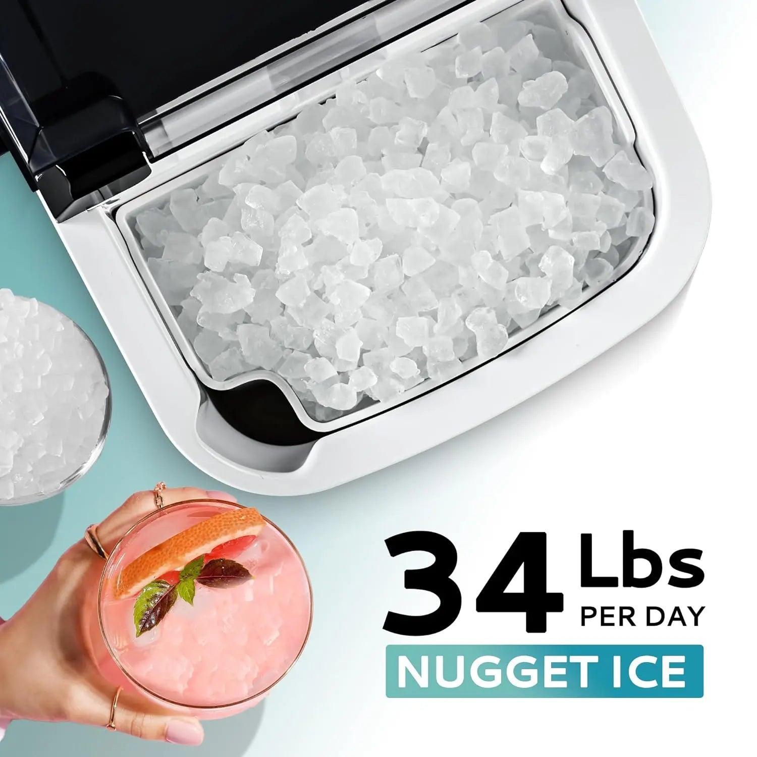 EUHOMY Nugget Ice Maker Countertop with Handle, Ready in 6 Mins, 34lbs/24H, Removable Top Cover, Auto-Cleaning, Portable Sonic Ice Maker with Basket and Scoop, for Home/Party/RV/Camping. (Black) - ANM Liquidation