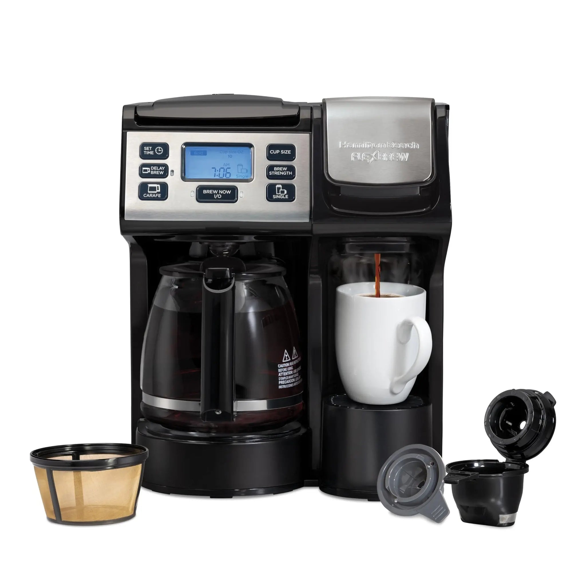 Hamilton Beach 49915 FlexBrew Trio 2-Way Coffee Maker, Compatible with K-Cup Pods or Grounds, Single Serve & Full 12c Pot, Permanent Gold-Tone Filter, Fast Brewing, Black & Silver - ANM Liquidation