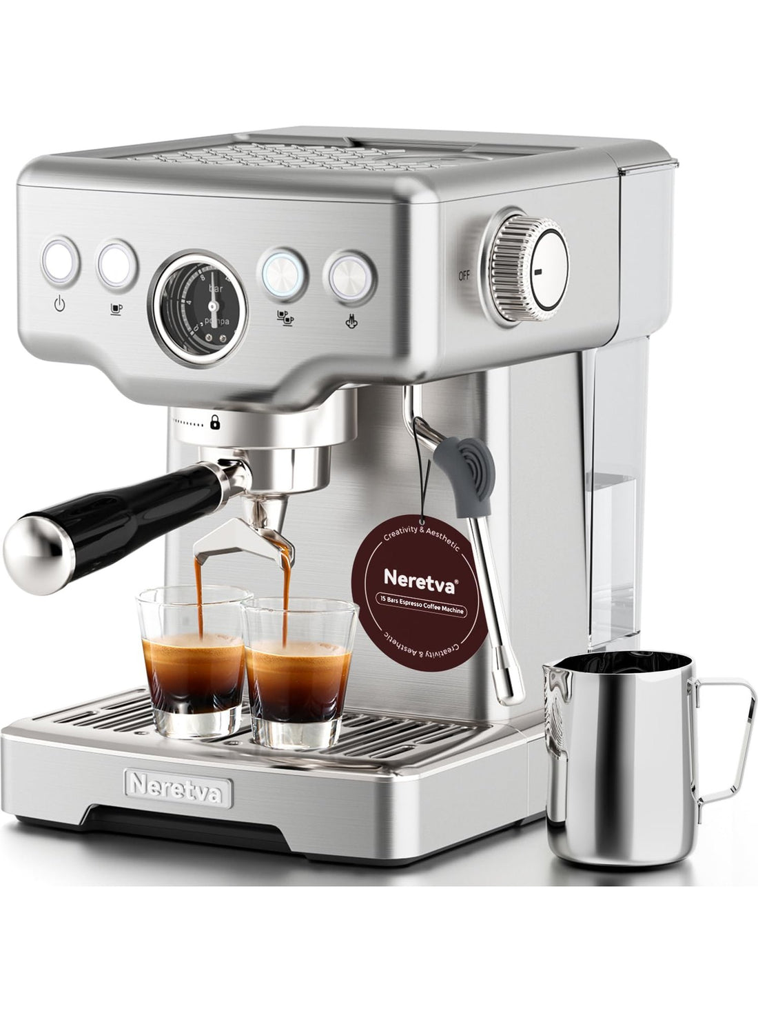 Neretva Espresso Machine, 2 in 1 Stainless Steel Coffee and Espresso Maker Combo, 1450 W, 15 Bar Espresso Coffee Machine for Espresso, Latte, Macchiato, Cappuccino, Ideal for Home, Barista (Silver) ANM Liquidation