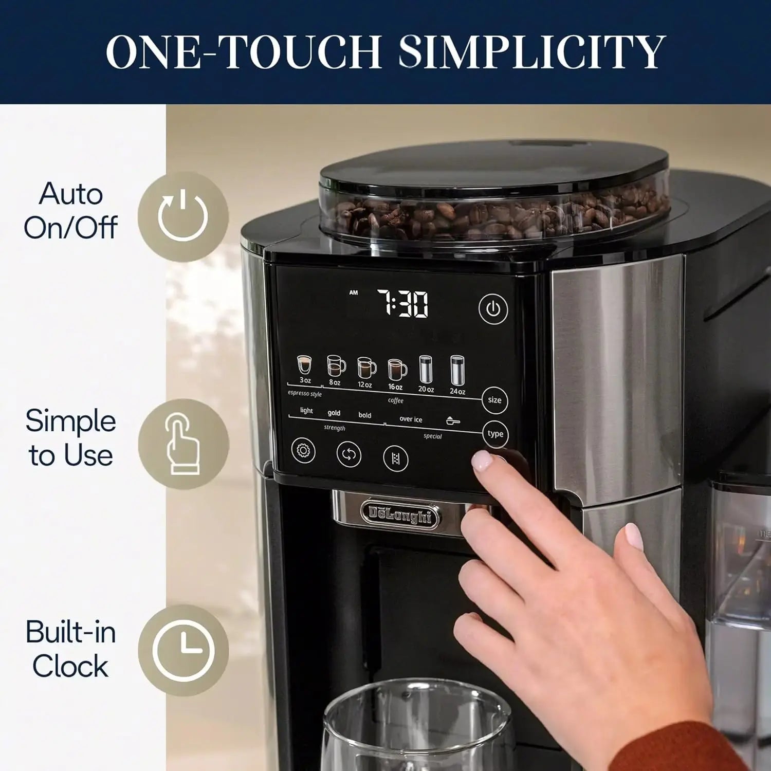 De'Longhi TrueBrew Drip Coffee Maker, Built in Grinder, Single Serve, 8 oz to 24 oz, Hot or Iced Coffee, Stainless, CAM51025MB, 15"D x 13.7"W x 15.8"H - ANM Liquidation