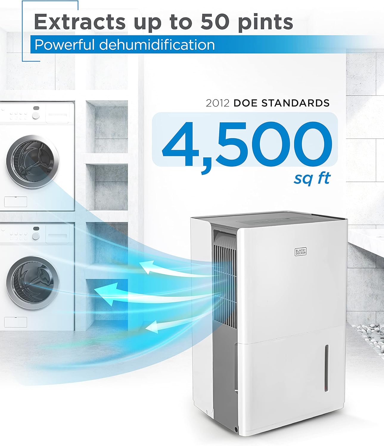 BLACK+DECKER 4500 Sq. Ft. Dehumidifier with Built-In Drain Pump for Continuous Drainage, for Large Spaces and Basements, Energy Star, Digital, BD50PMWSA, White ANM Liquidation