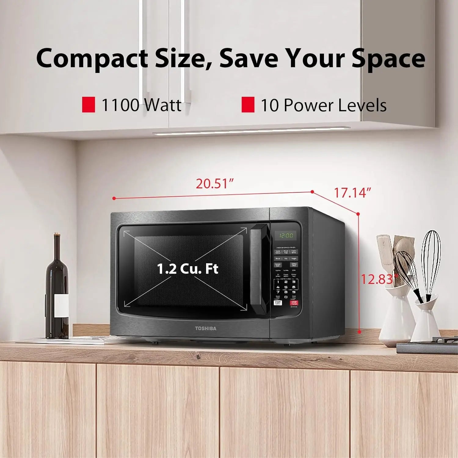 TOSHIBA EM131A5C-BS Countertop Microwave Ovens 1.2 Cu Ft, 12.4" Removable Turntable Smart Humidity Sensor 12 Auto Menus Mute Function ECO Mode Easy Clean Interior Black Color 1100W - ANM Liquidation