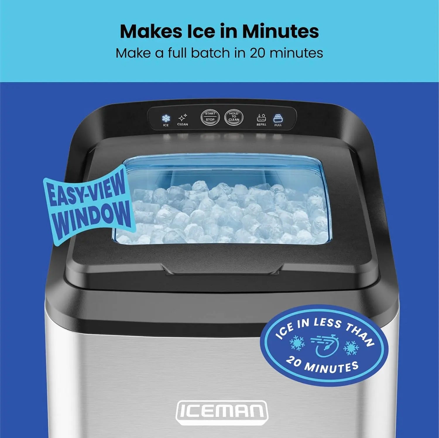 Iceman Countertop Nugget Ice Maker – Pebble Ice Machine, Soft Chewable Pellets in 20 Min, 26Lbs/24H, 3lb. Capacity, Waterline-Compatible, Self-Cleaning, Stainless-Steel + Scoop - ANM Liquidation