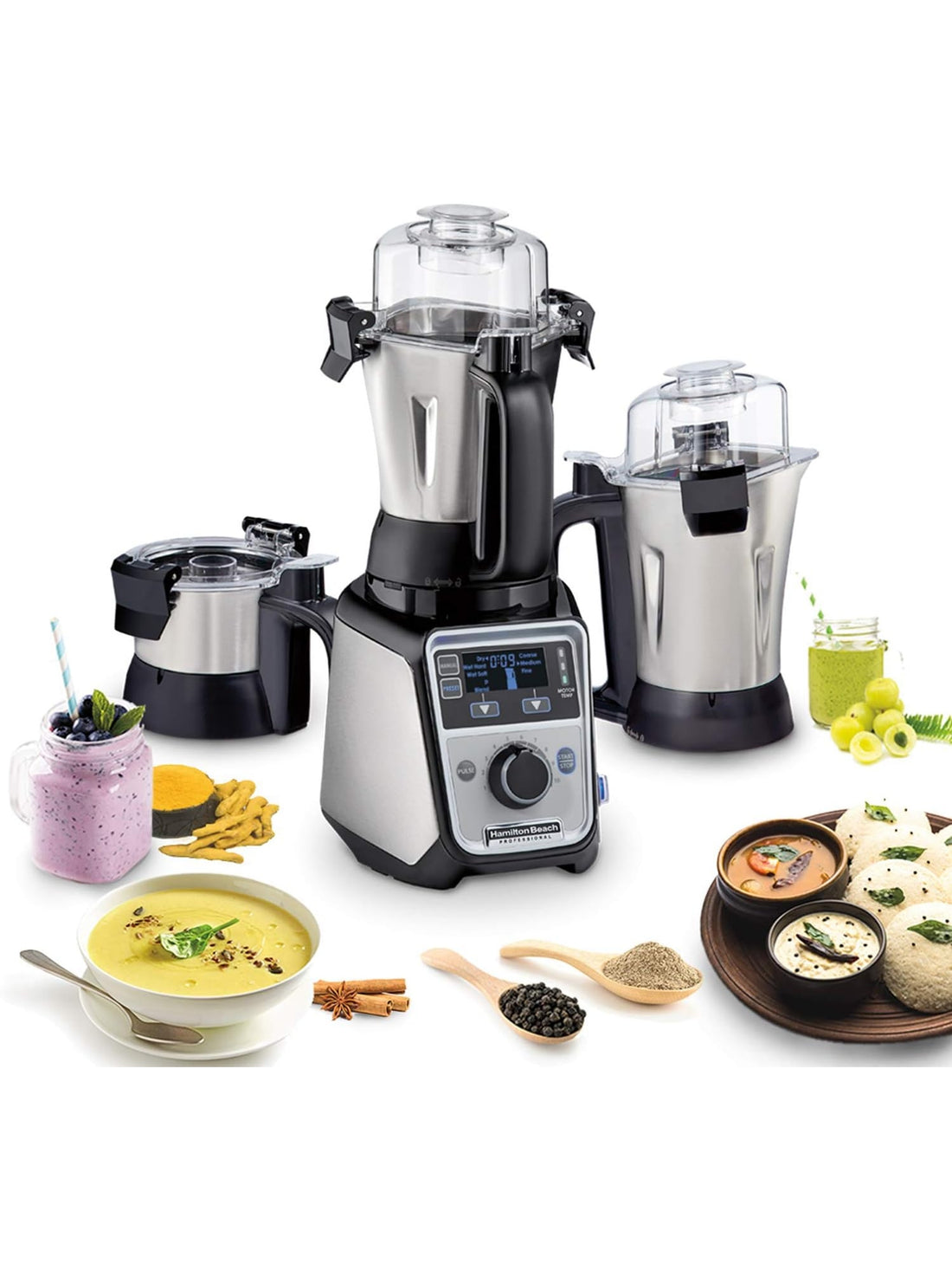 Hamilton Beach Professional 4-in-1 Juicer Mixer Grinder, Commercial-Grade 1400 Watt Motor, 120V, 3 Leakproof Jars, For Wet and Dry Spices, Chutneys and Curries, Engineered in India & USA (58770) - ANM Liquidation