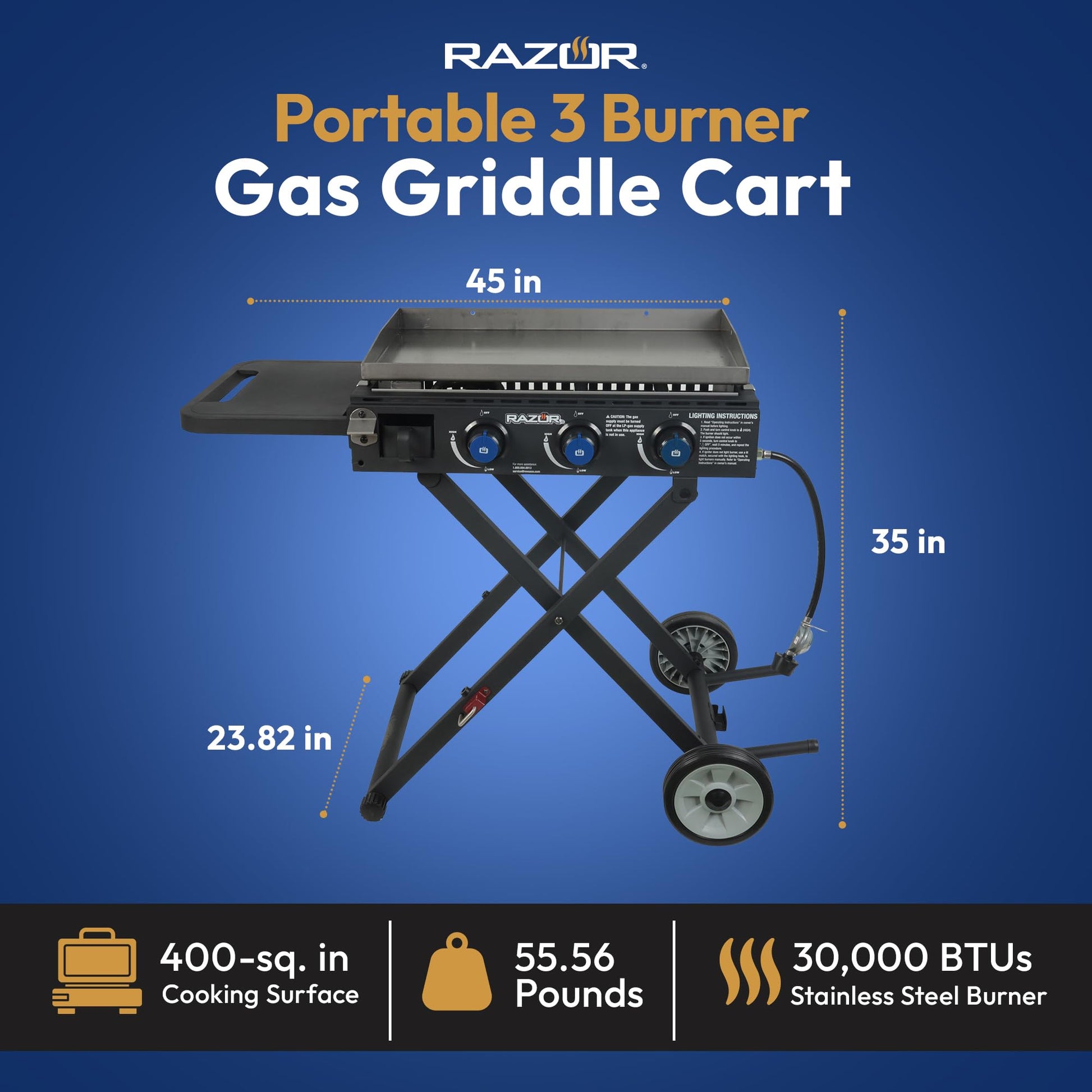 Razor Griddle Gas Grill & Griddle for Backyard Cooking and Camping, Portable Grill with Cart & Side Shelf ANM Liquidation