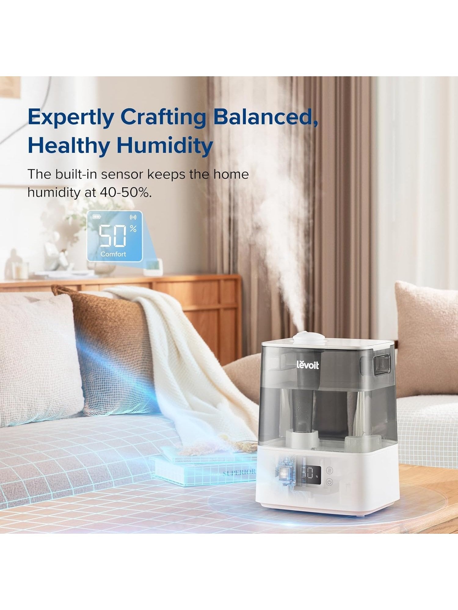 LEVOIT Humidifiers for Bedroom Large Room Home, 6L Cool Mist Top Fill Essential Oil Diffuser for Baby & Plants, Smart App & Voice Control, Rapid Humidification & Auto Mode - Quiet Sleep Mode, Gray