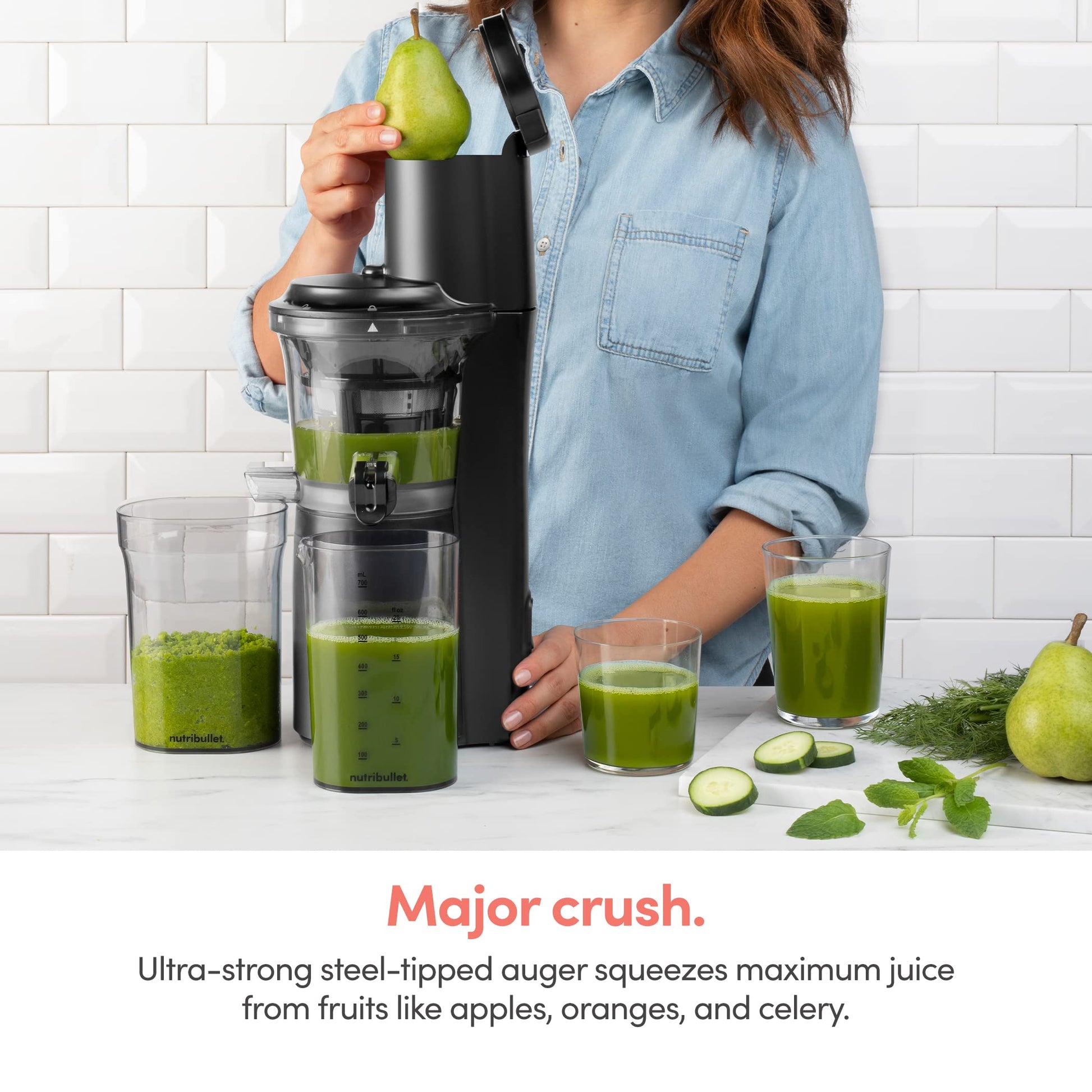 nutribullet Slow Juicer, Slow Masticating Juicer Machine, Easy to Clean, Quiet Motor & Reverse Function, BPA-Free, Cold Press Juicer with Brush, 150 Watts, Charcoal Black, NBJ50300, 24-oz ANM Liquidation