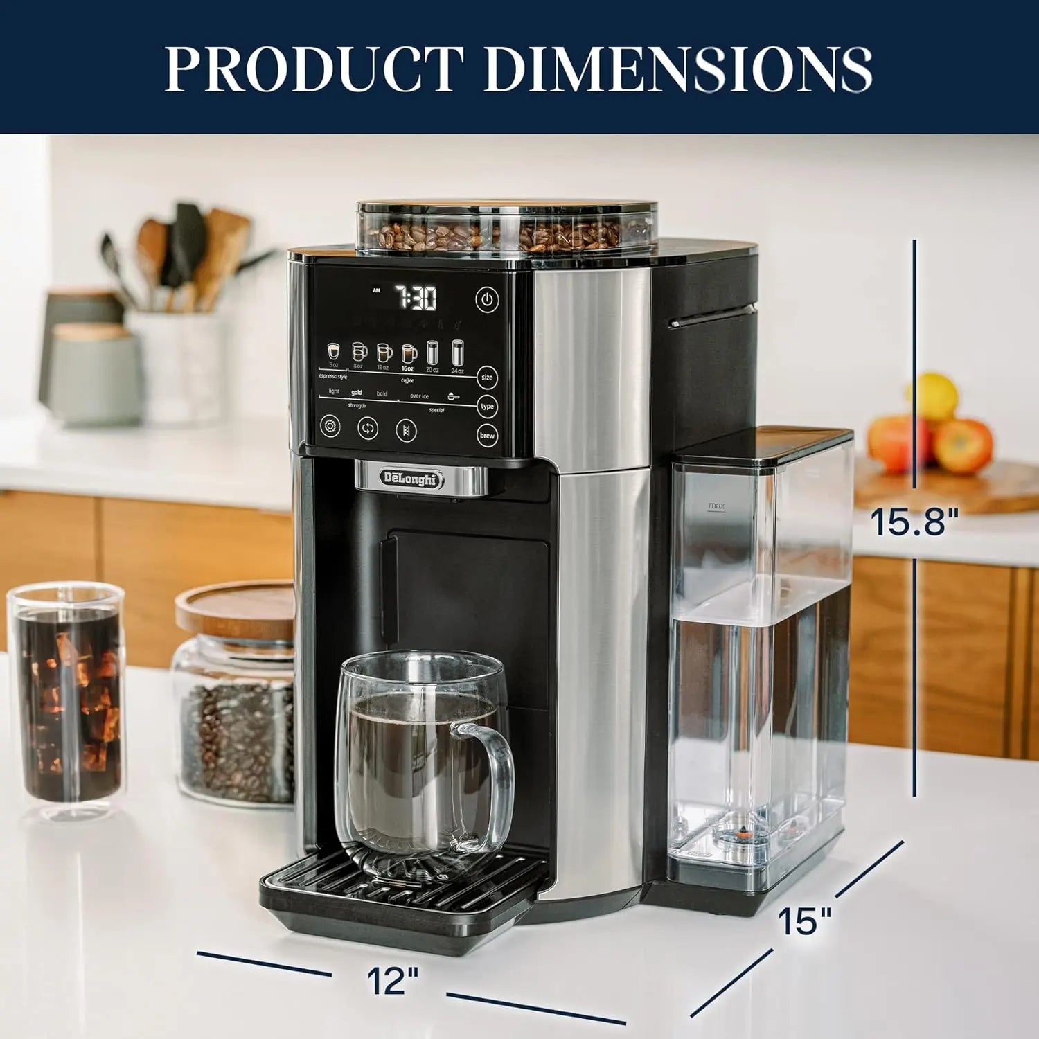 De'Longhi TrueBrew Drip Coffee Maker, Built in Grinder, Single Serve, 8 oz to 24 oz, Hot or Iced Coffee, Stainless, CAM51025MB, 15"D x 13.7"W x 15.8"H - ANM Liquidation