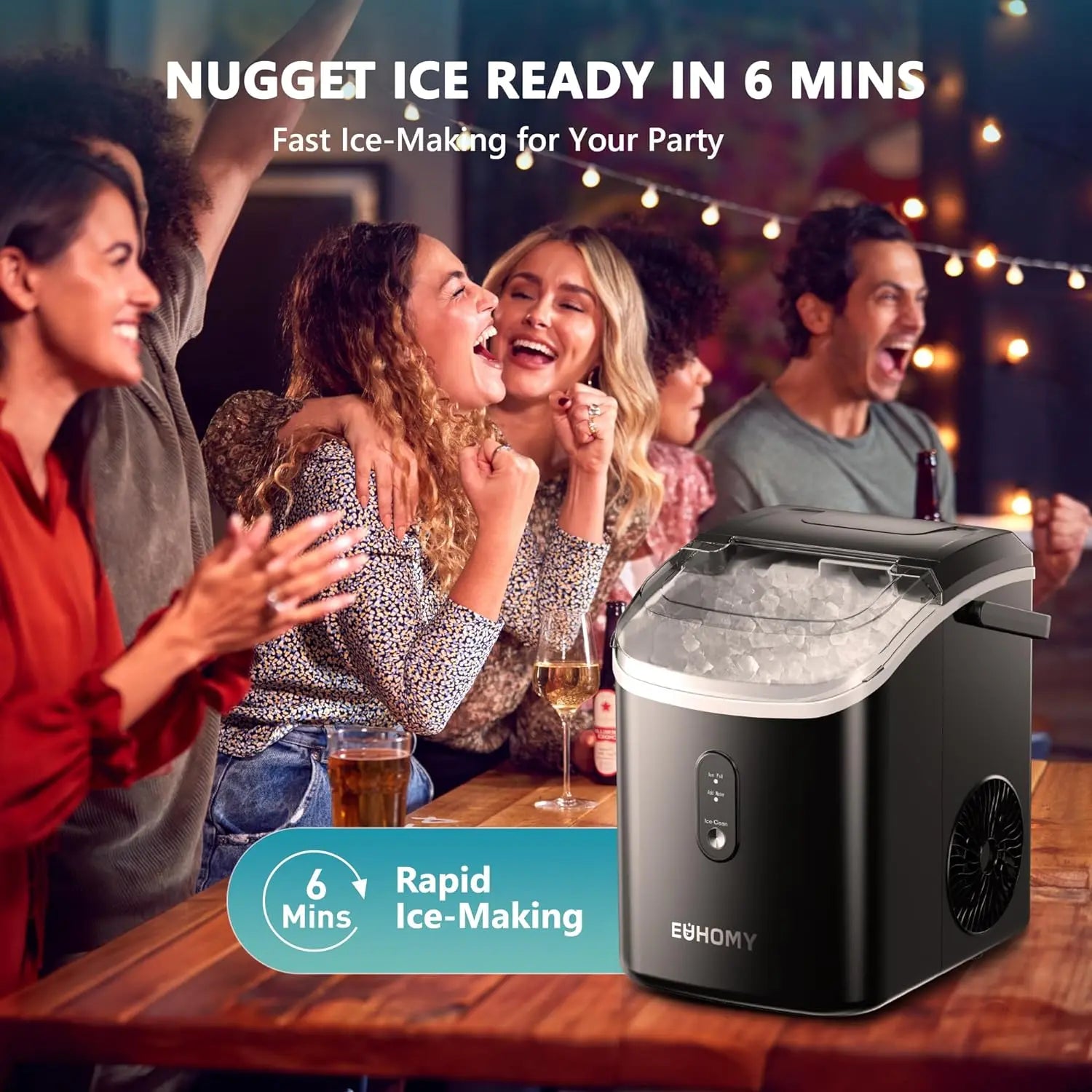 EUHOMY Nugget Ice Maker Countertop with Handle, Ready in 6 Mins, 34lbs/24H, Removable Top Cover, Auto-Cleaning, Portable Sonic Ice Maker with Basket and Scoop, for Home/Party/RV/Camping. (Black) - ANM Liquidation