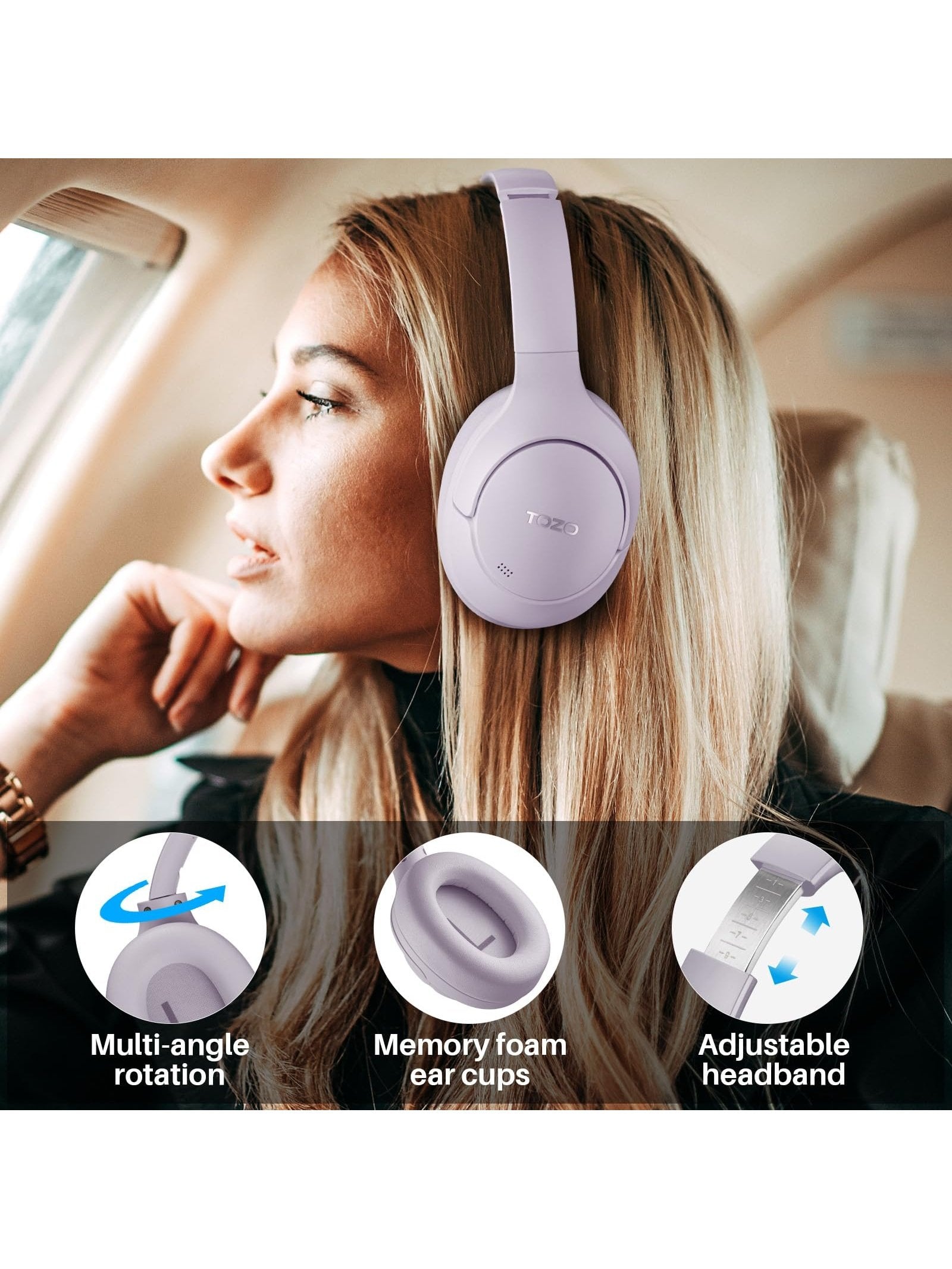 TOZO HT2 Hybrid Active Noise Cancelling Headphones, Wireless Over Ear Bluetooth Headphones, 60H Playtime, Hi-Res Audio Custom EQ via App Deep Bass Comfort Fit Ear Cups, for Home Office Travel White