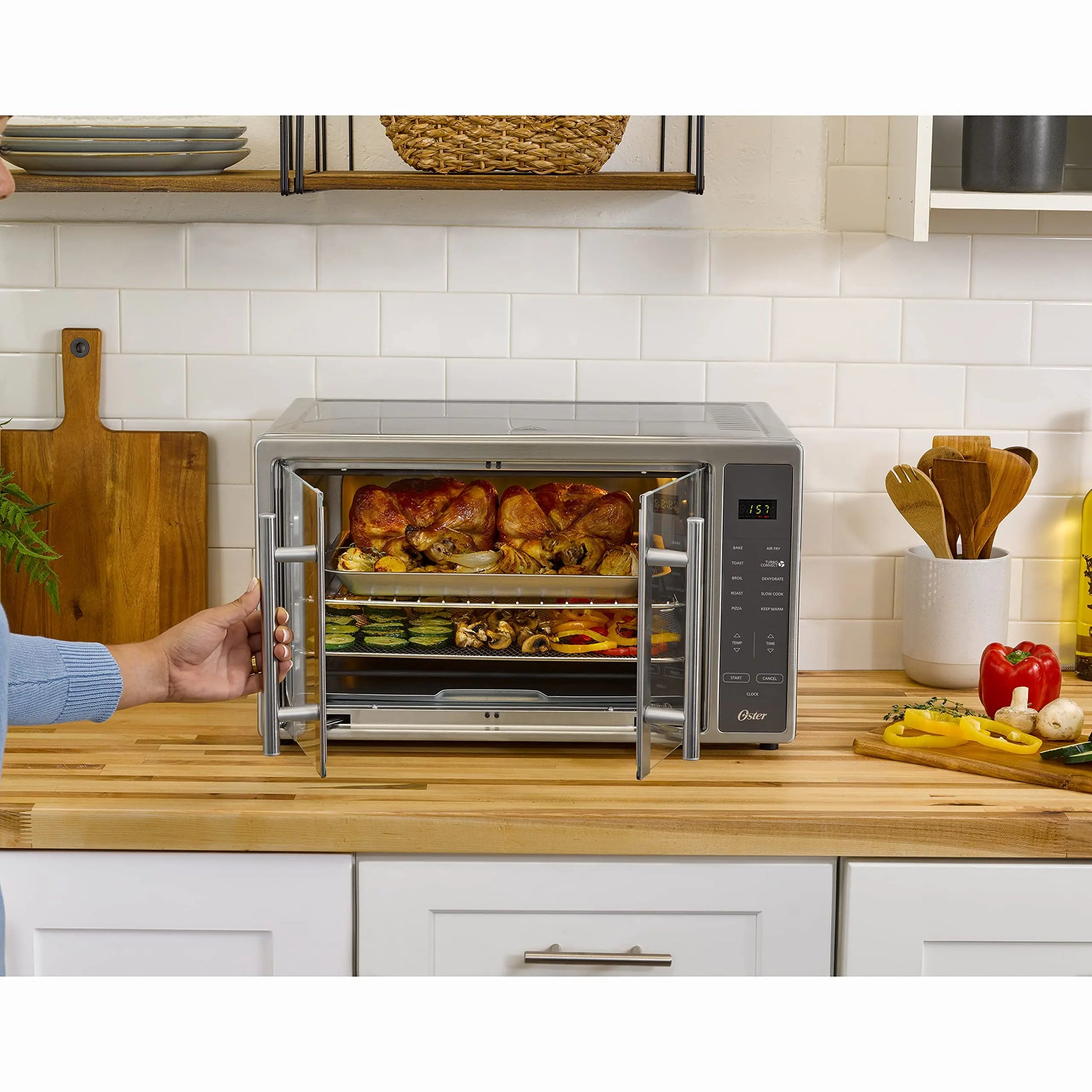 Oster Air Fryer Oven, 10-in-1 Countertop Toaster, Large Enough for 2 Pizzas, Stainless Steel French Doors, XL Sized - ANM Liquidation