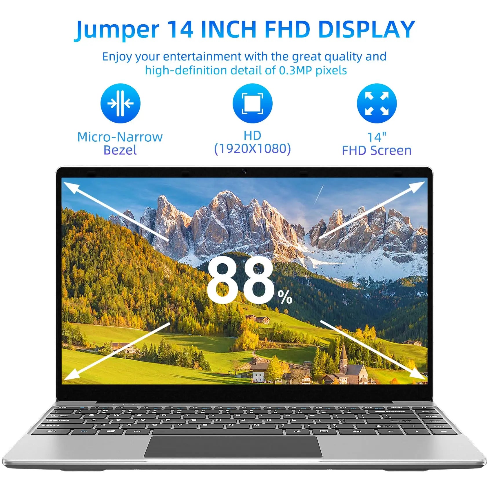 jumper Laptop, Laptops Computer 14", Intel Celeron J4105 CPU(Up to 2.5GHz), Quad Core, 12GB LPDDR4 256GB SSD, FHD 1920x1080 Display, 2 Stereo Speakers - ANM Liquidation