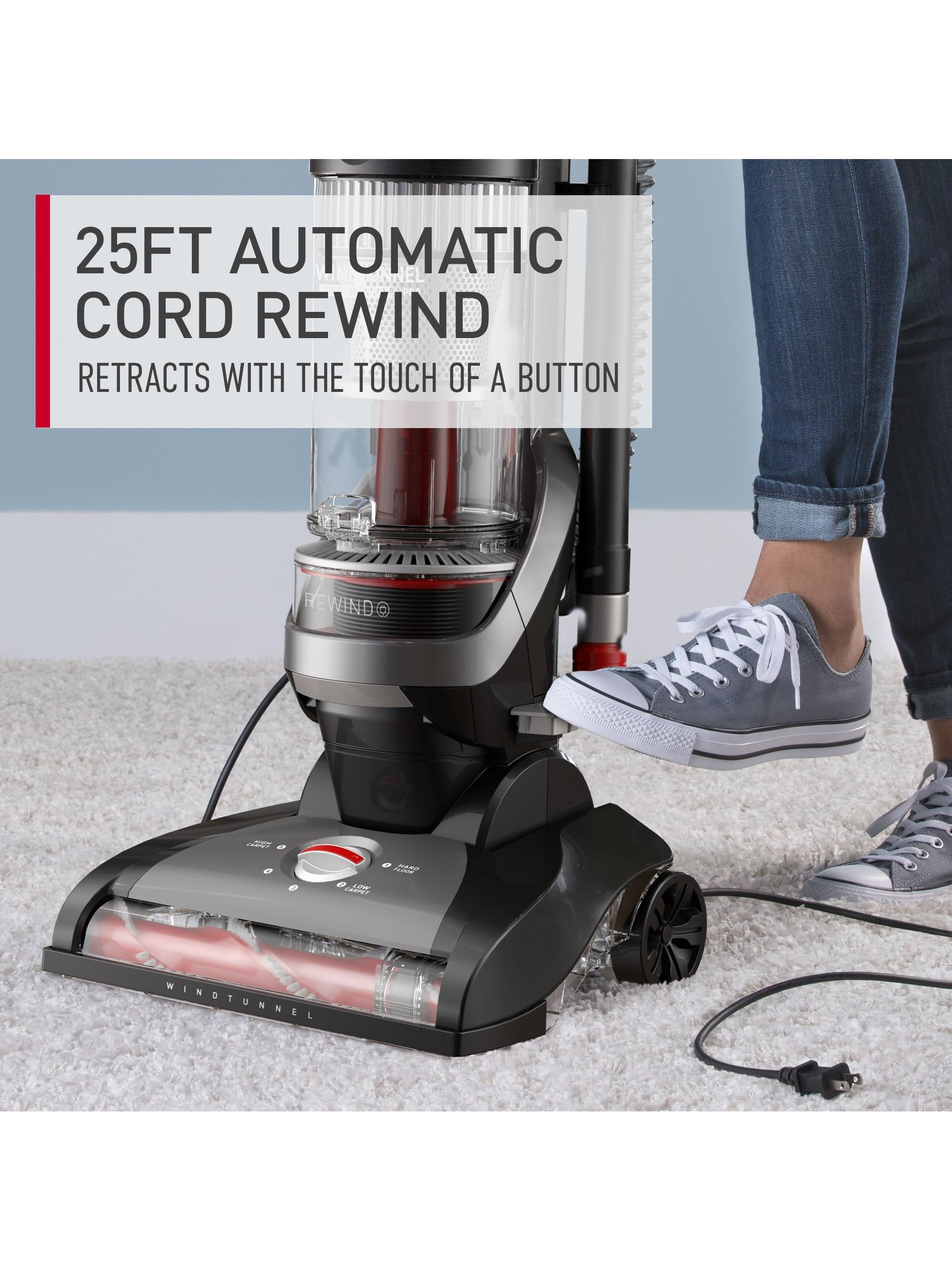 Hoover WindTunnel Cord Rewind Pro Bagless Upright Vacuum Cleaner, For Carpet and Hard Floors, UH71300V, Black, UH71300 ANM Liquidation