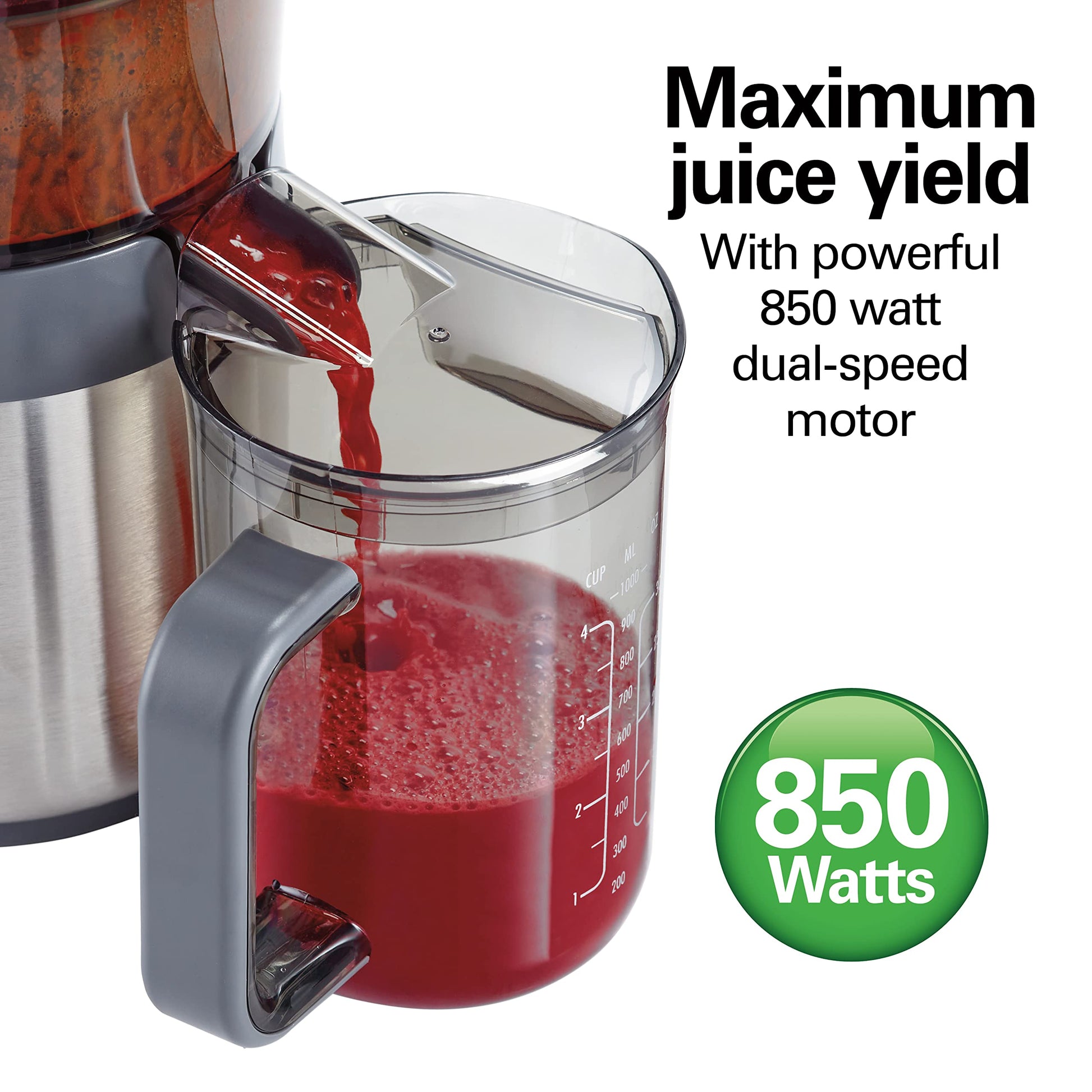 Hamilton Beach Juicer Machine, Centrifugal Extractor, Big Mouth 3" Feed Chute, Easy Clean, 2-Speeds, 40 oz. BPA Free Pitcher, 850 Watt Motor, Silver ANM Liquidation